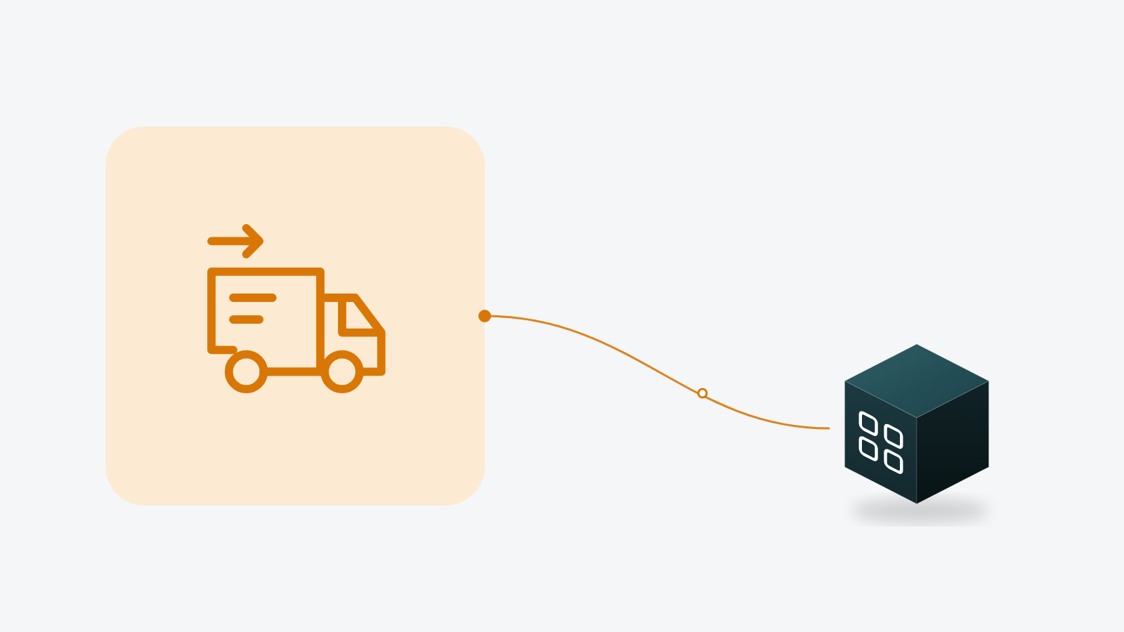 Illustration of a delivery truck icon in an amber tile connected by a string to an ORCA cube