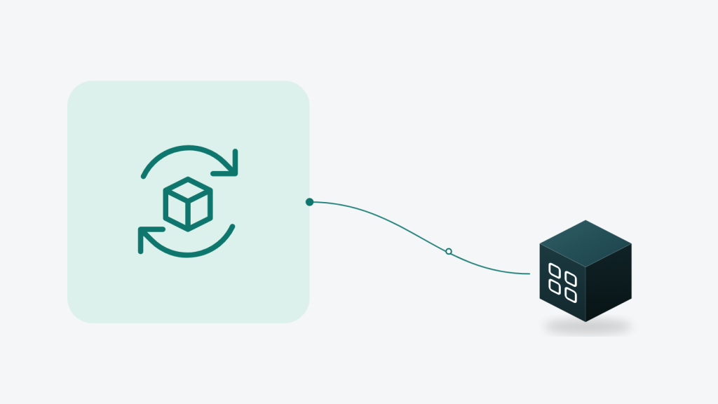 Illustration of a supplier sync icon in a teal tile connected by a string to an ORCA cube